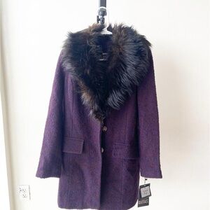 Badgley Mischka Deep Purple Pea Coat with Dark Faux Fur Collar